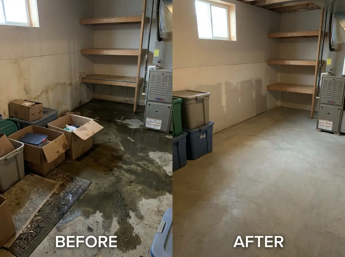 Before and after basement water damage cleanup — Marietta