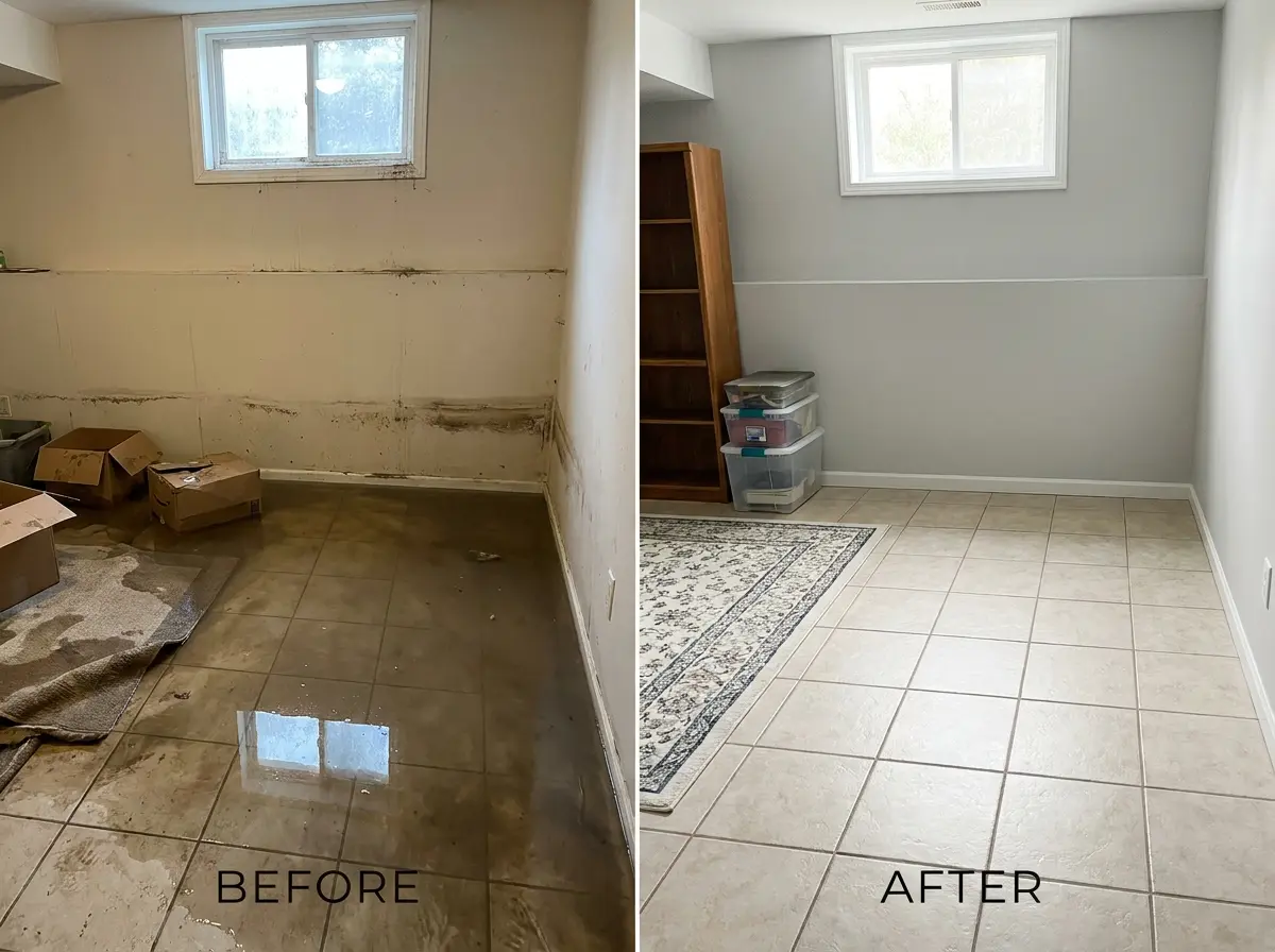Before and after flood damage restoration
