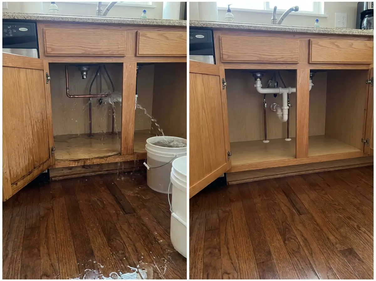 Before and after kitchen burst pipe repair — Marietta