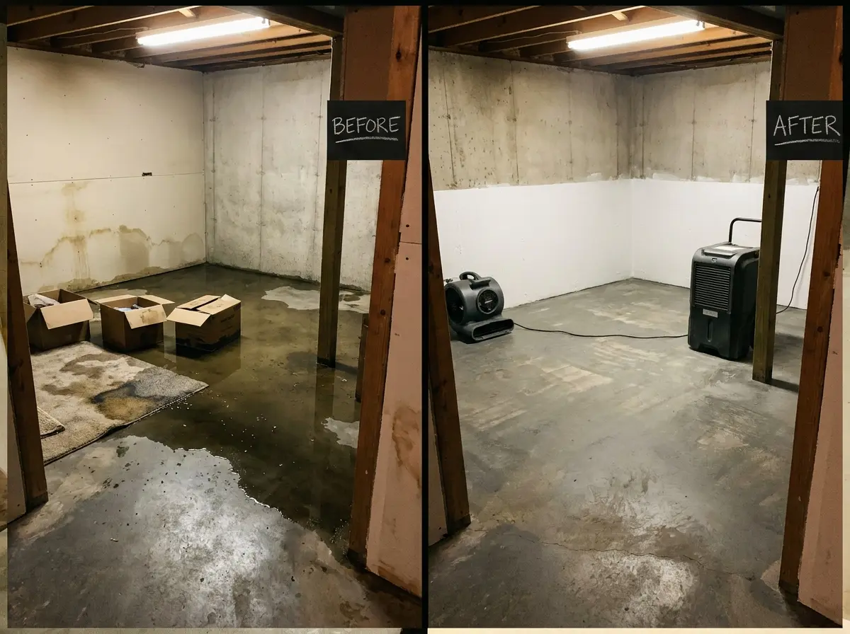 Before and after basement sewage damage cleanup