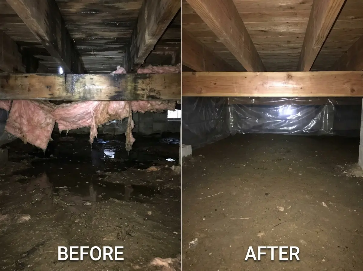 Before and after crawl space water clearance