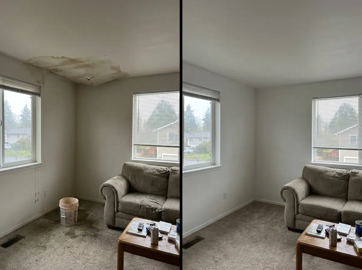 Before and after roof leak water damage repair — Marietta